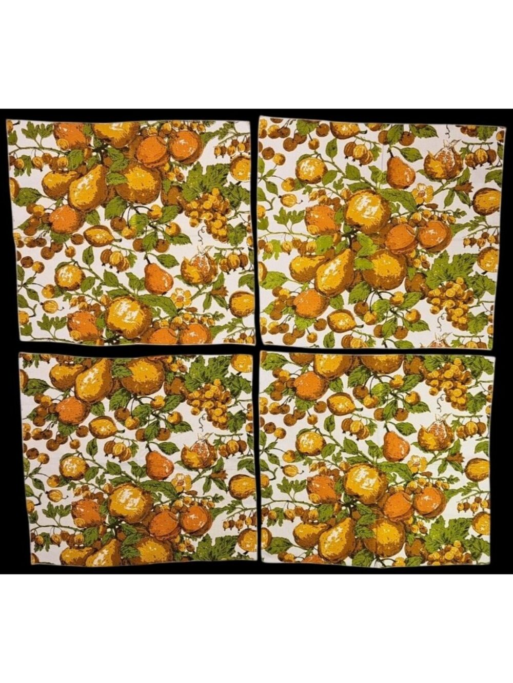 Vintage Fruit Print Cloth Napkins Set Of 4 Orange Green 1970s 16"x14.5" Pears